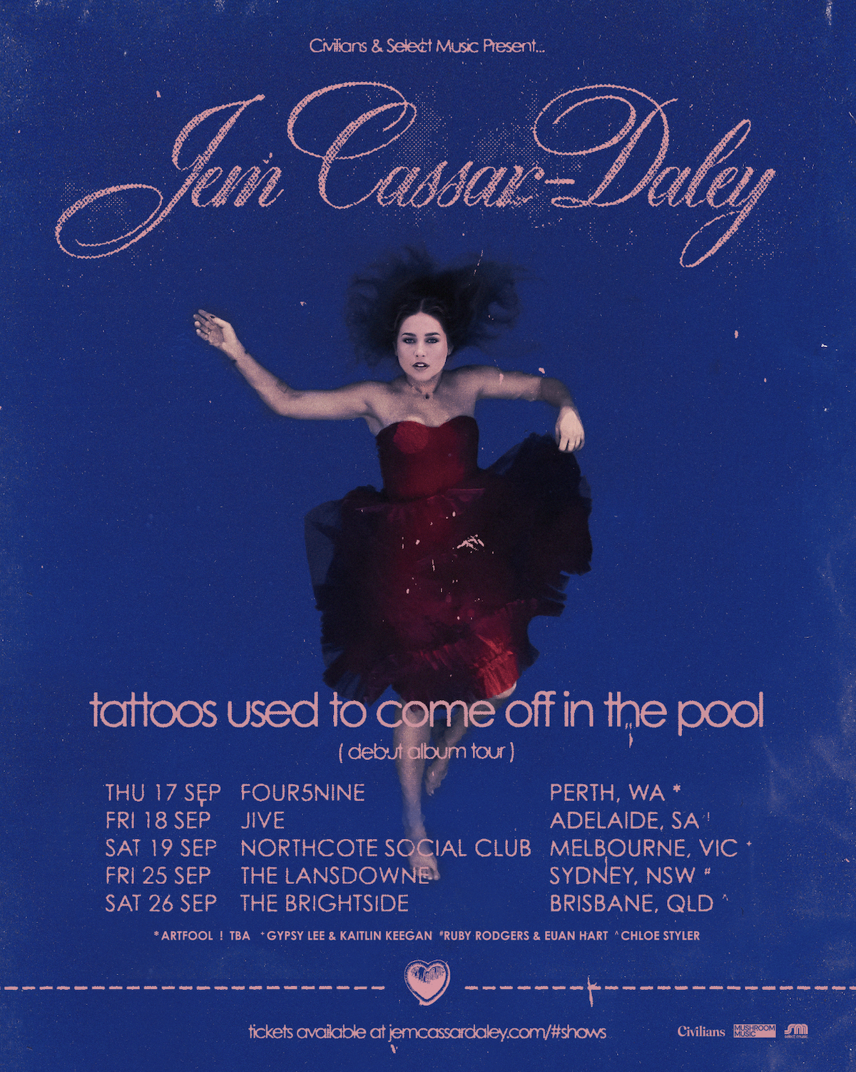 Jem Cassar-Daley tour poster for Tattoos Used to Come Off in the Pool, depicting her underwater in a red dress against deep blue.